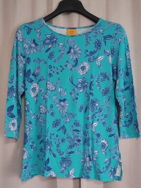 Ruby Rd. Turquoise Blie Floral Knit 3/4 Sleeve Tunic Top Lightweight Stretch S